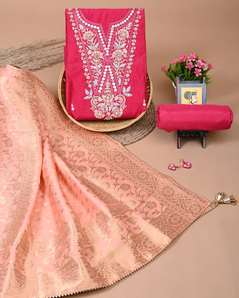 Chanderi Silk hand embroidered high quality Suit with Banarsi silk dupatta TOP: SILK. BOTTOM - Shantoon