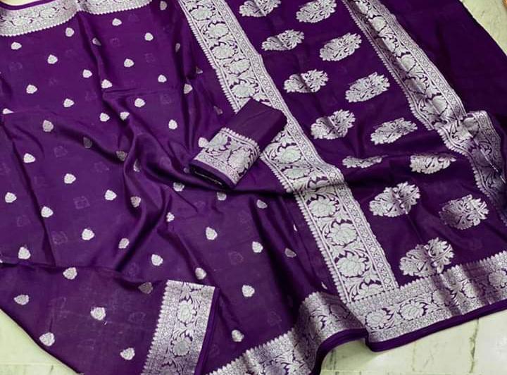 Silk Printed Banarasi Linen Weaving Saree, 6.3 m (with blouse