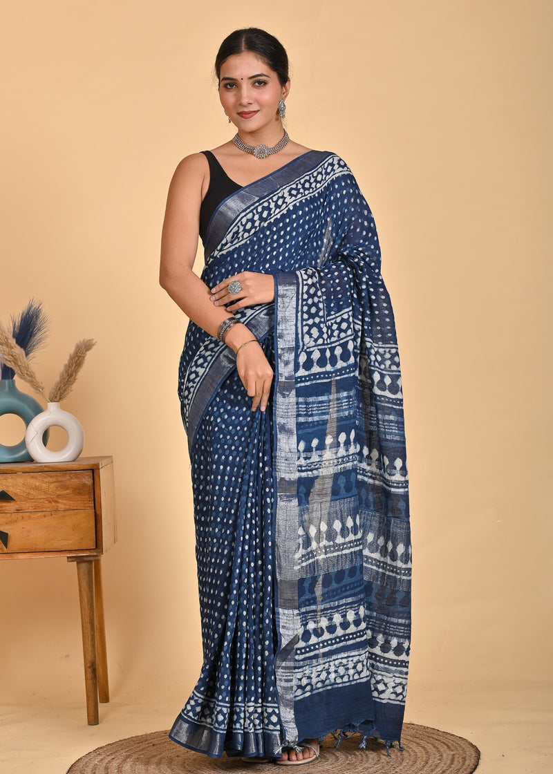 Hand Block Print Linen Saree with Blouse .