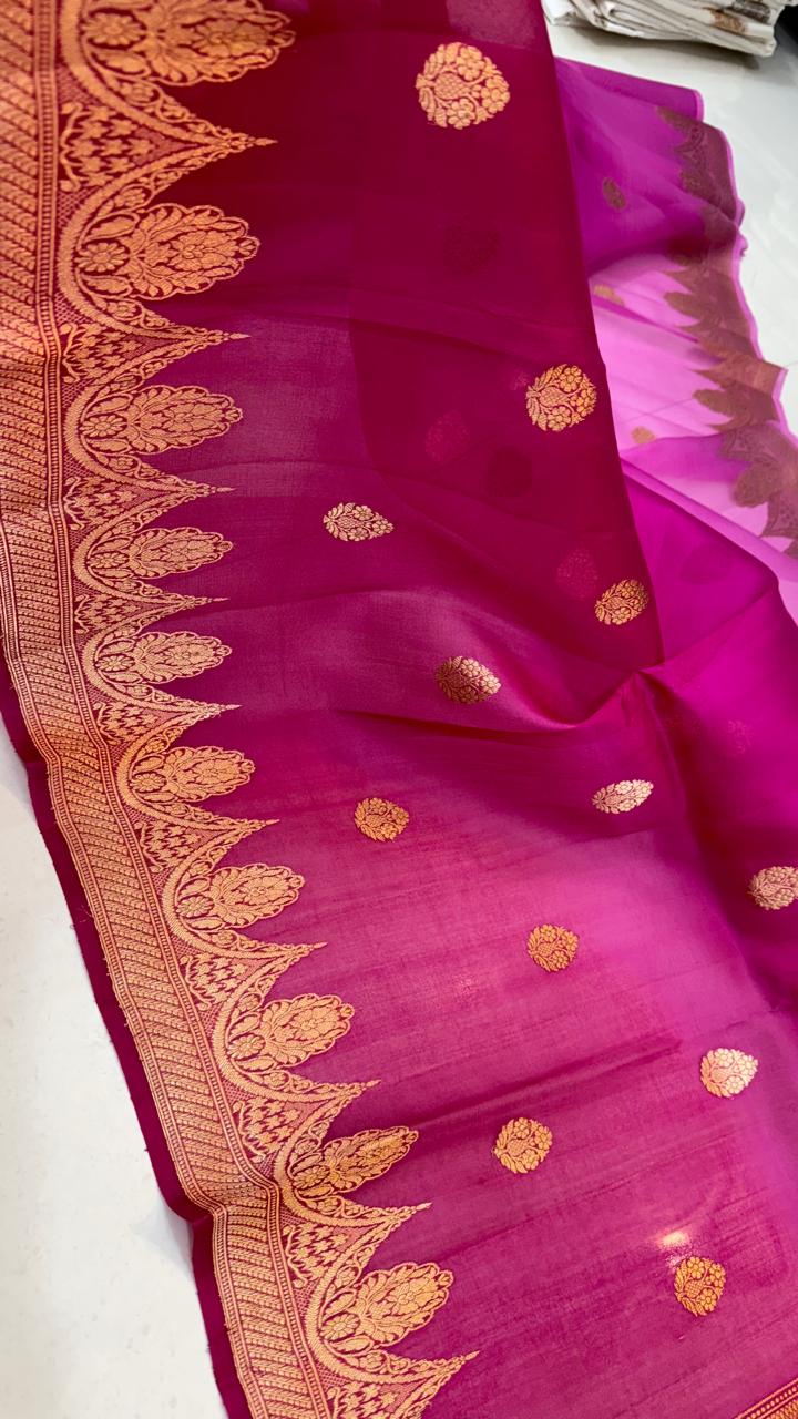 Pure Banarasi Kora Organza Silk Handwoven Zari Work Saree With Silk Mark Certificate ( Length- 6.3 Meter )