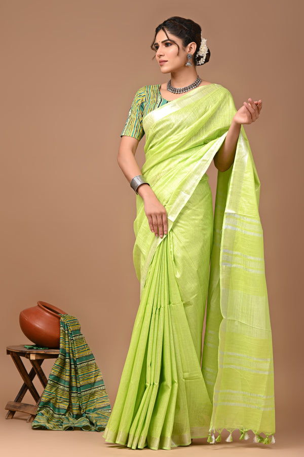 Hand Block Print Linen Saree with Blouse .