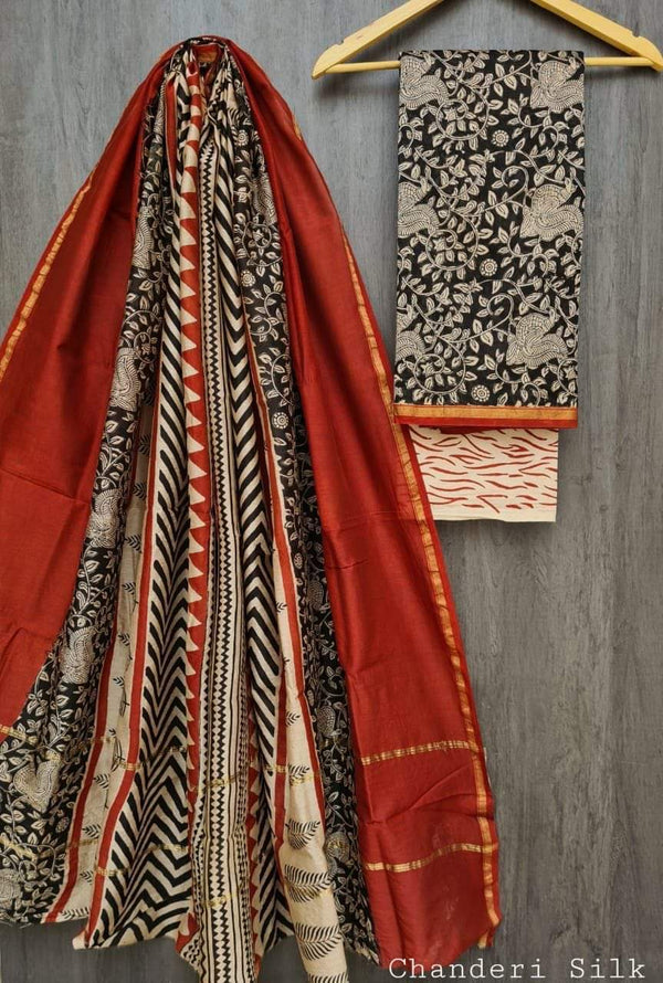 Pure Hand Block Chanderi Silk Unstitched Suit.