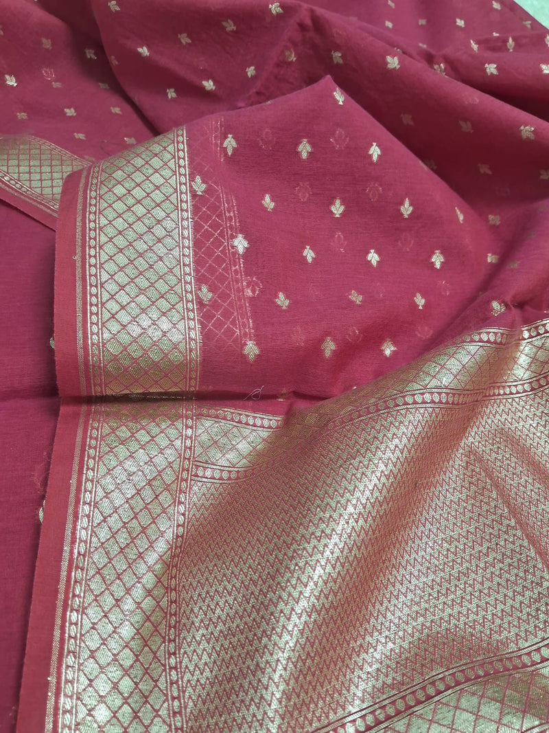 Pure Chanderi Mercerized Zari Buti Weaved Unstitched Suit With Pure Mercerized Dupatta.