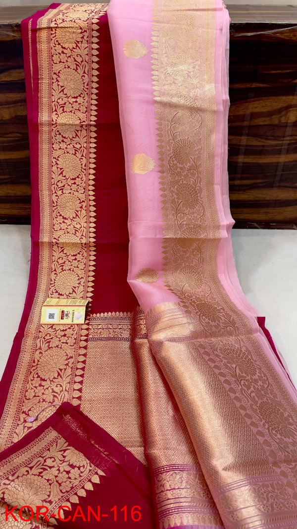 Pure Banarasi Kora Organza Silk Handwoven Zari Work Saree With Silk Mark Certificate ( Length- 6.3 Meter )