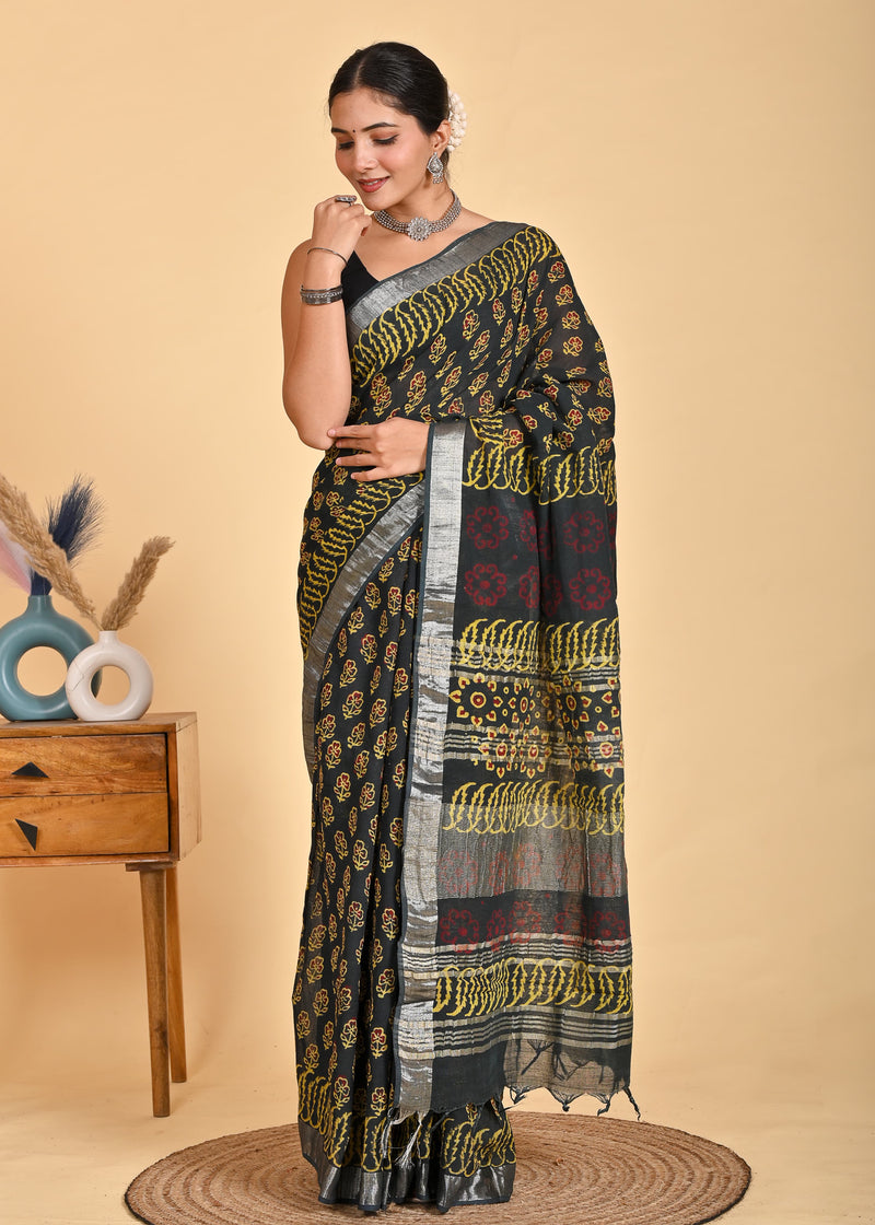 Hand Block Print Linen Saree with Blouse .