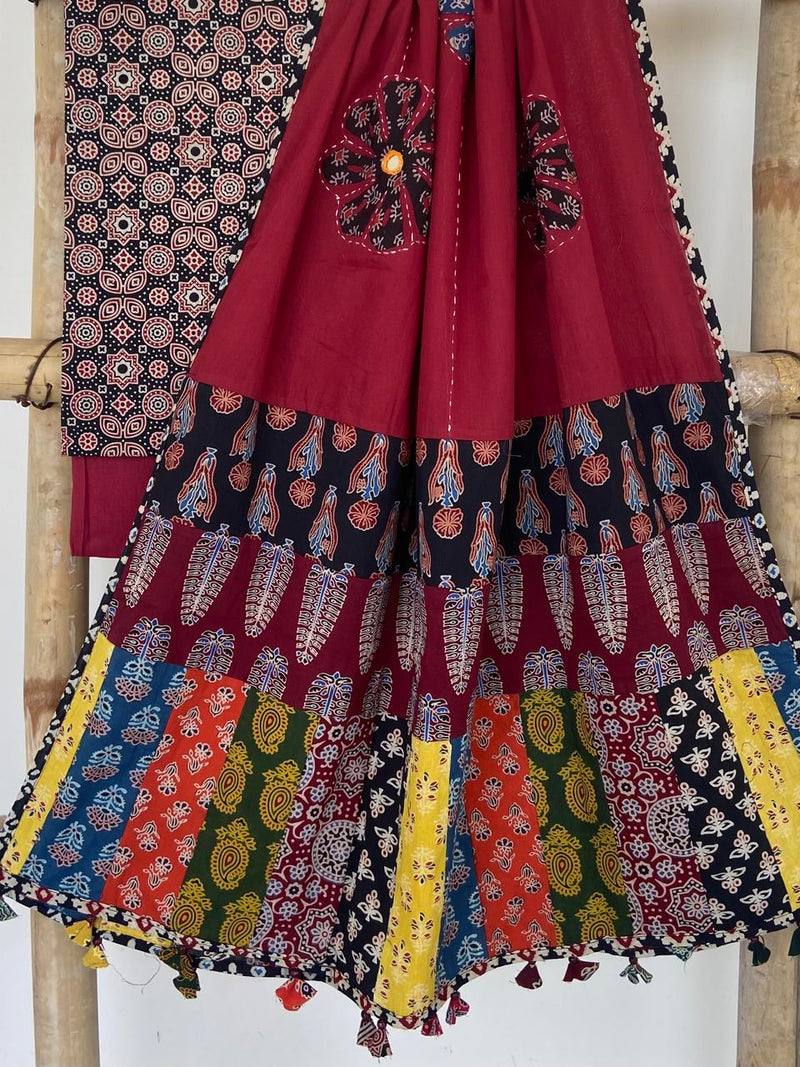 Pure Cotton Azrakh Print Unstitched suit With patch work Dupatta.