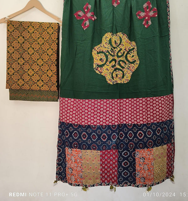 Pure Cotton Azrakh Print Unstitched suit With Patch Work Dupatta.