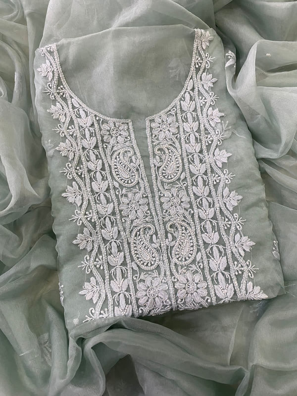 Pure Organza Chikankari Hand Work Unstitched Suit with Pearl Work