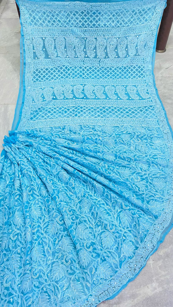 Pure Chiffon Georgette Chikankari Hand Embroidery Full Jaal Work Saree.