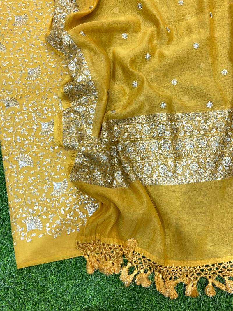 Pure Banarasi Mal Chanderi Silk Zari Embroidery Unstitched Suit With Banarasi Mal Chanderi Silk Dupatta..