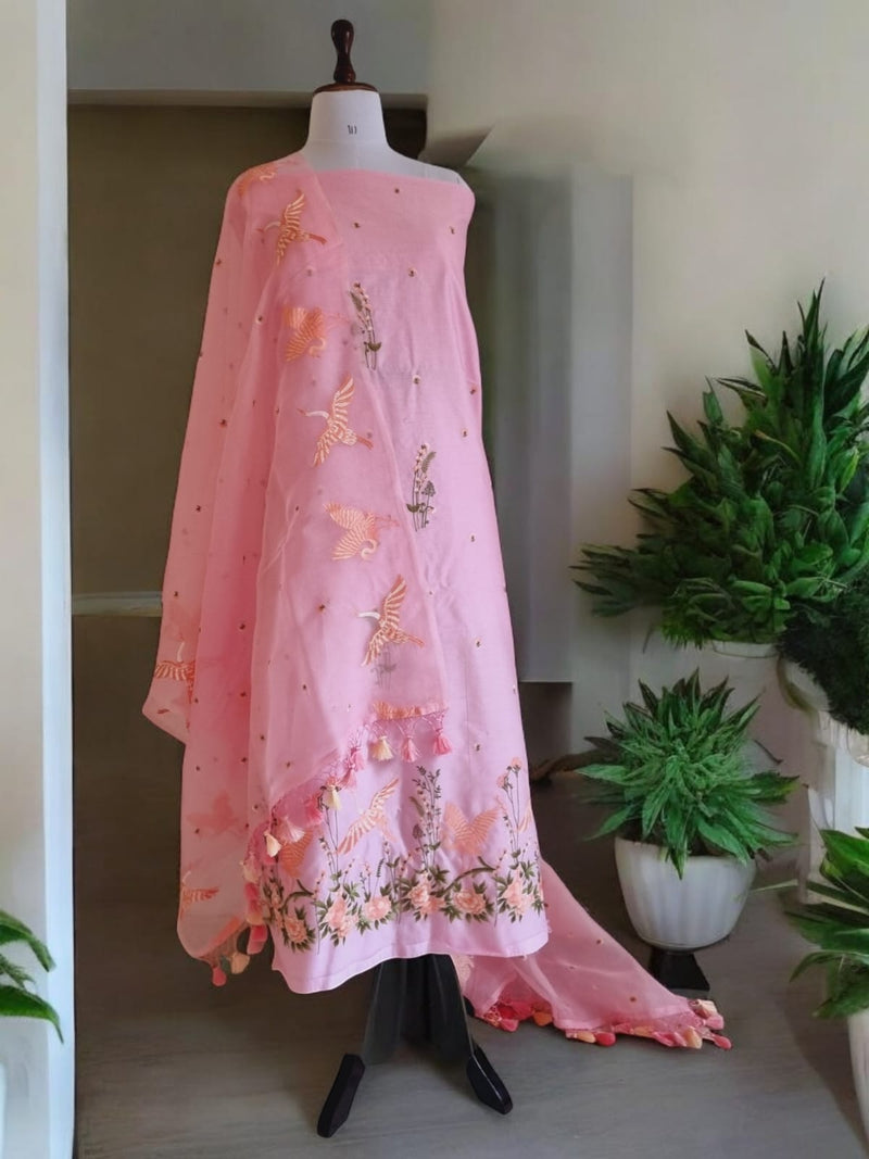 Pure Chanderi Silk Birds Embroidery unstitched Suit With Organza Silk Dupatta .