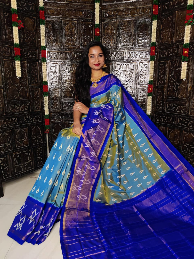 Pure Pochampally Ikkat Silk Saree With Blouse Pthani Pattern  Border.