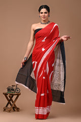 Pure  Mul cotton Hand print saree with Blouse.