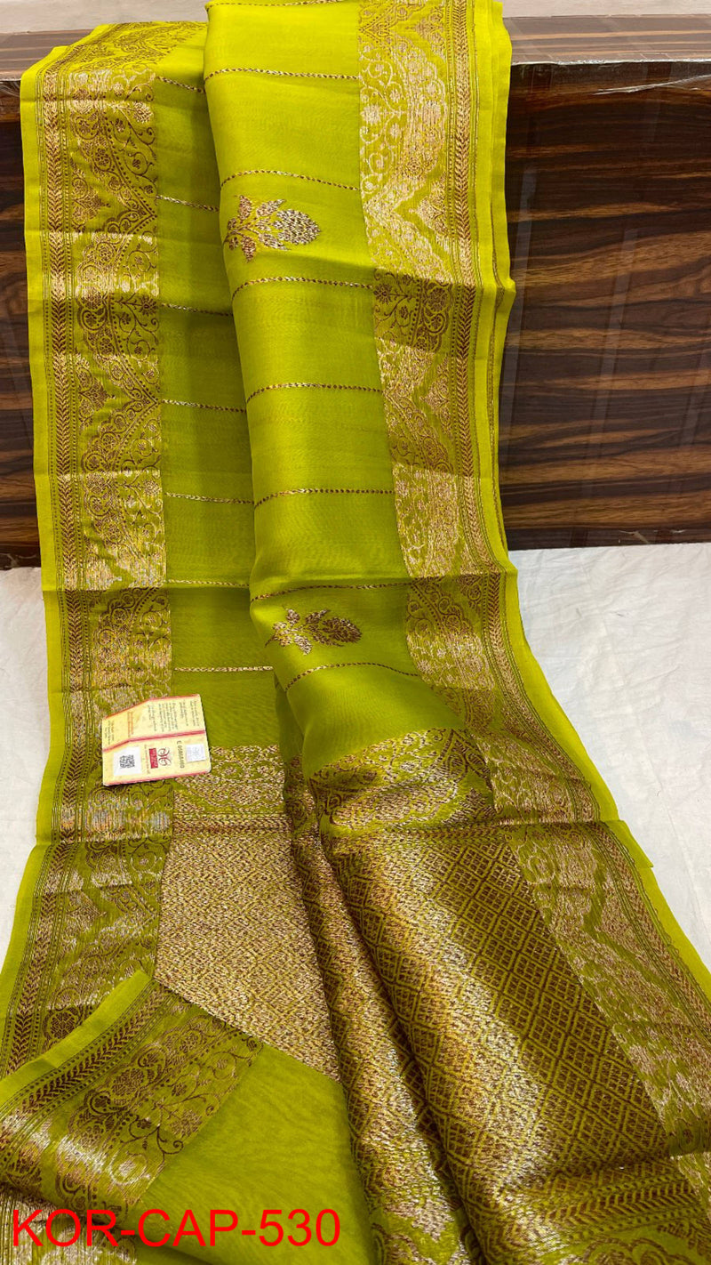 Pure Banarasi Kora Organza Silk Handwoven Zari Work Saree With Silk Mark Certificate ( Length- 6.3 Meter )