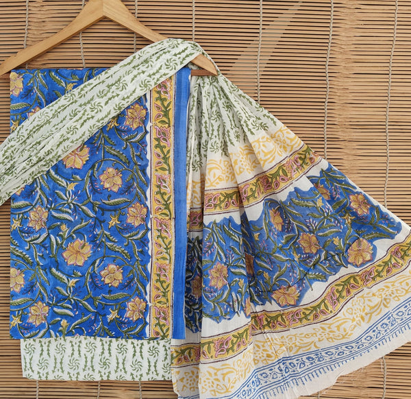 Pure Cotton Hand-Block Print unstitched suit with cotton dupatta