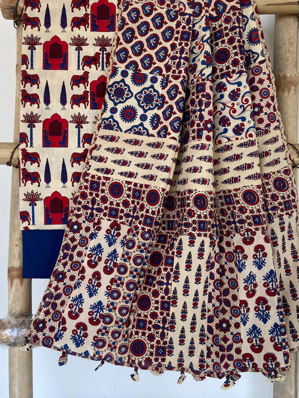 Pure Cotton Azrakh Print Unstitched suit With Patch Work Dupatta.