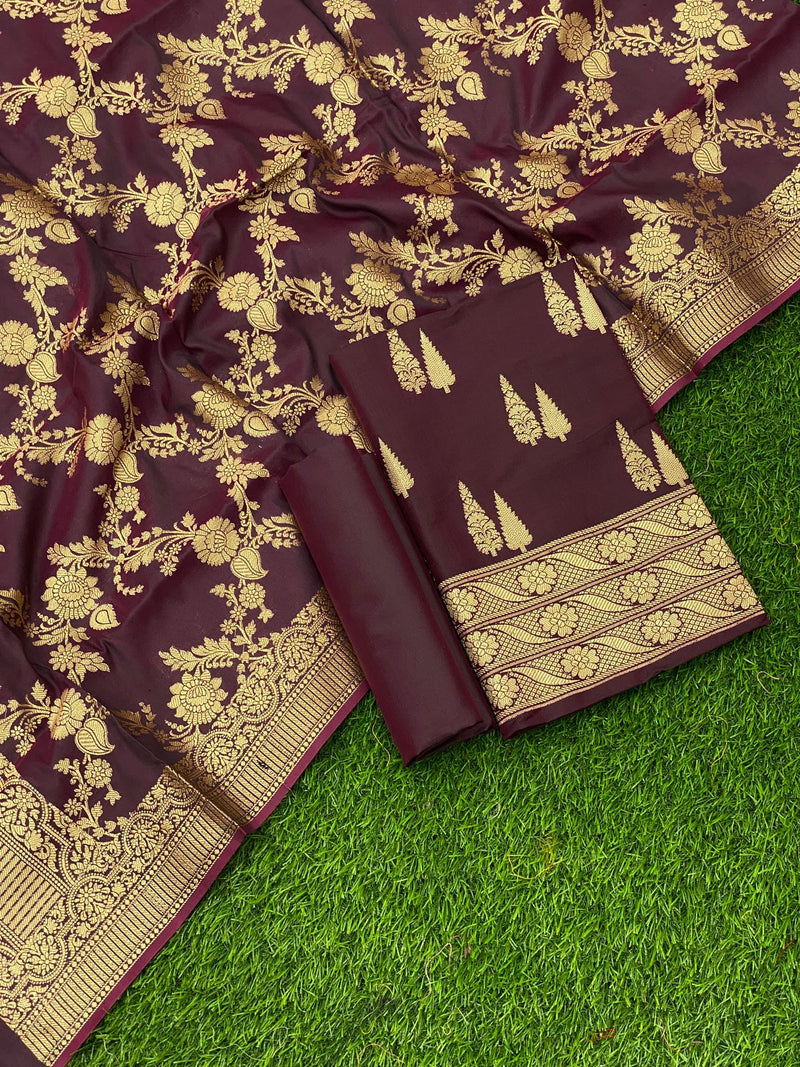 Pure Banarasi Double Zari Weaved Silk Unstitched Suit With Banarasi Silk Dupatta .