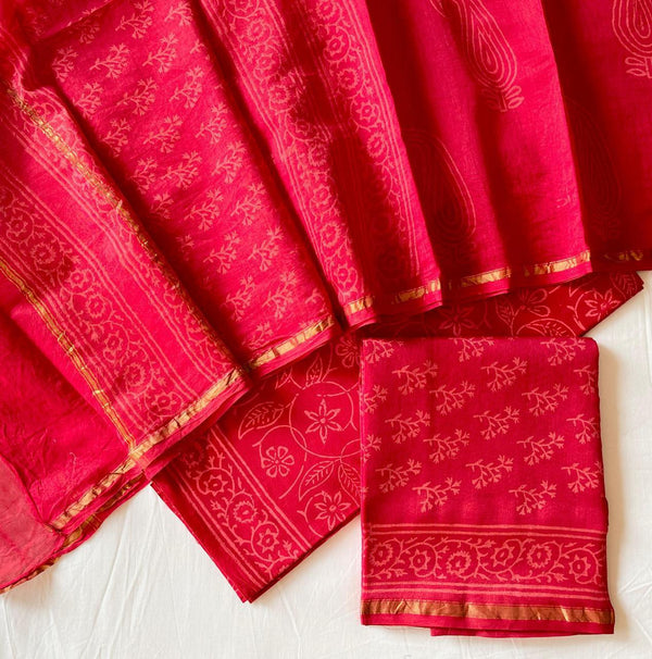 Pure Hand Block Chanderi Silk Unstitched Suit .