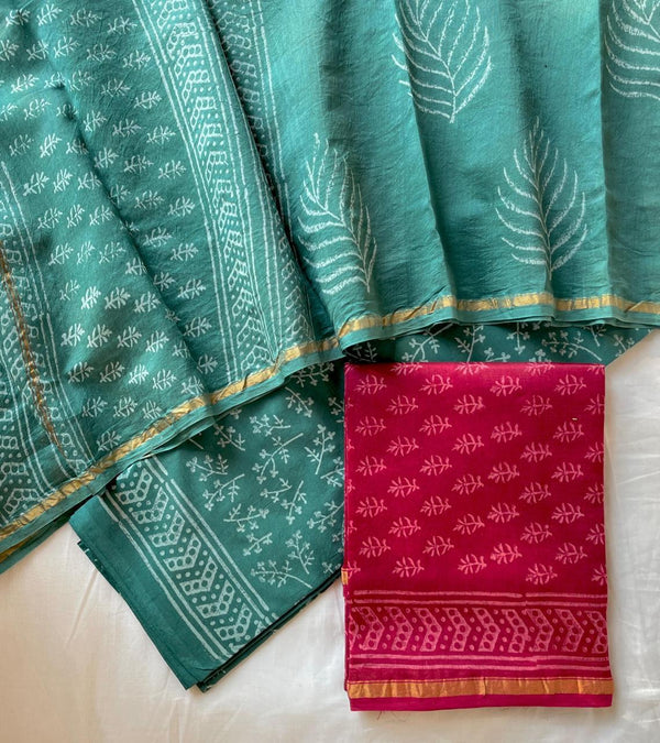 Pure Hand Block Chanderi Silk Unstitched Suit .