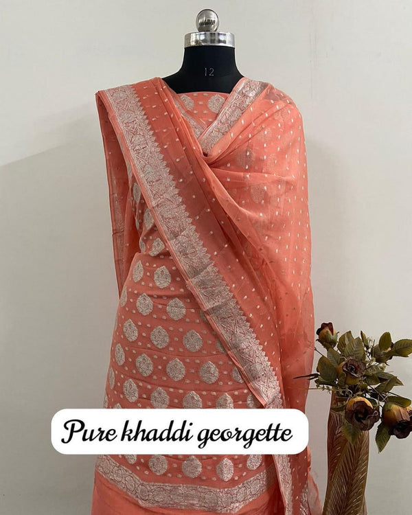 Pure Khaddi Georgette Unstitched Suit With Zari Work.