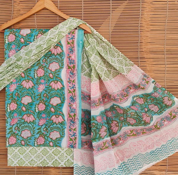 Pure Cotton Hand-Block Print unstitched suit with cotton dupatta .