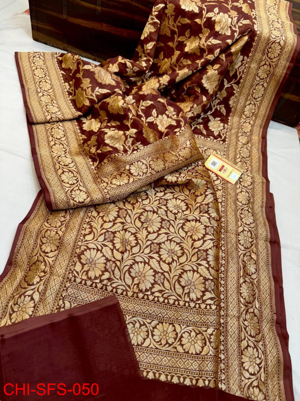 Pure Banarasi Handloom Khaddi Georgette Silk Saree With Beautiful Antique Zari Work