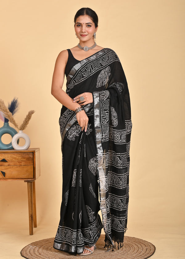 Hand Block Print Linen Saree with Blouse .