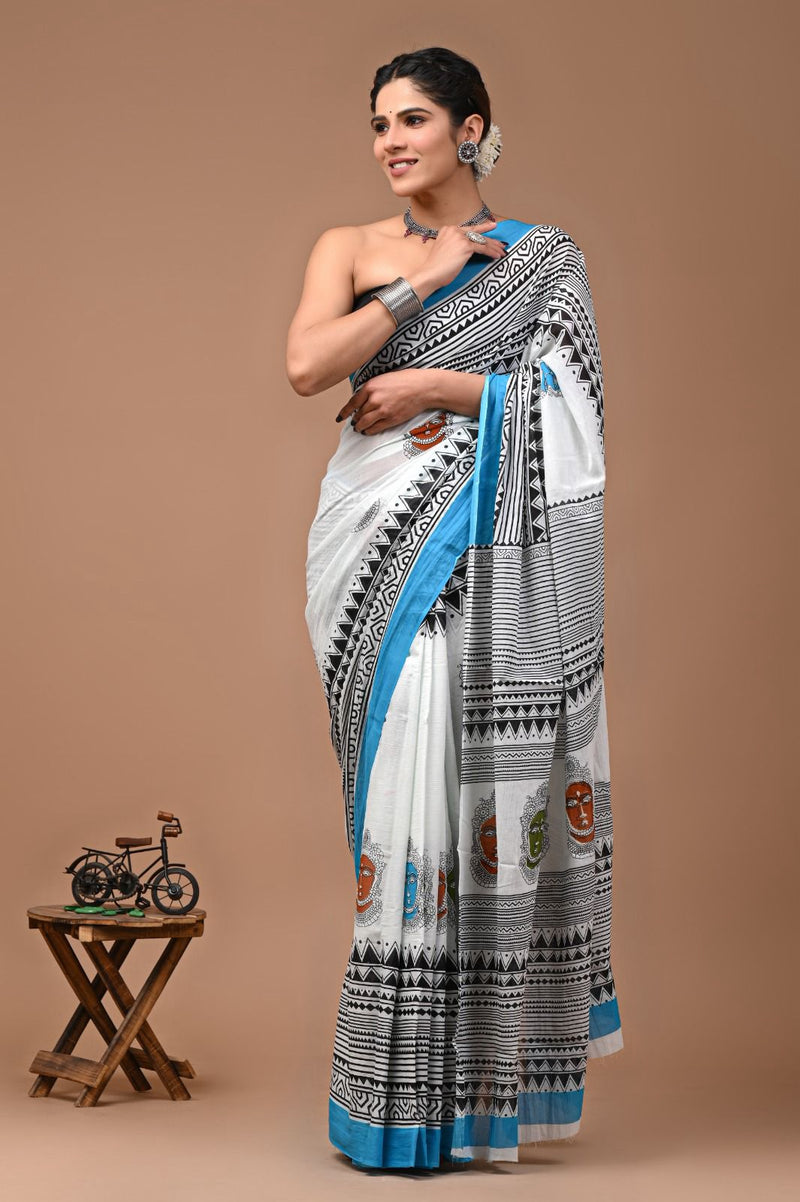 Pure  Mul cotton Hand print saree with Blouse.