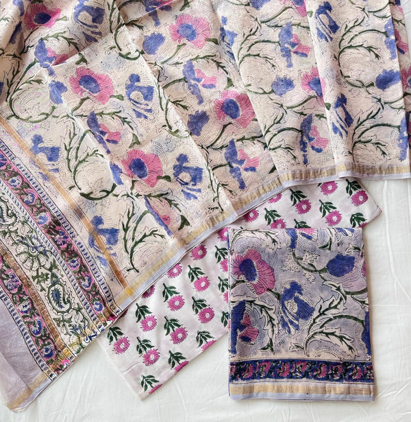 Pure Hand Block Chanderi Silk Unstitched Suit .