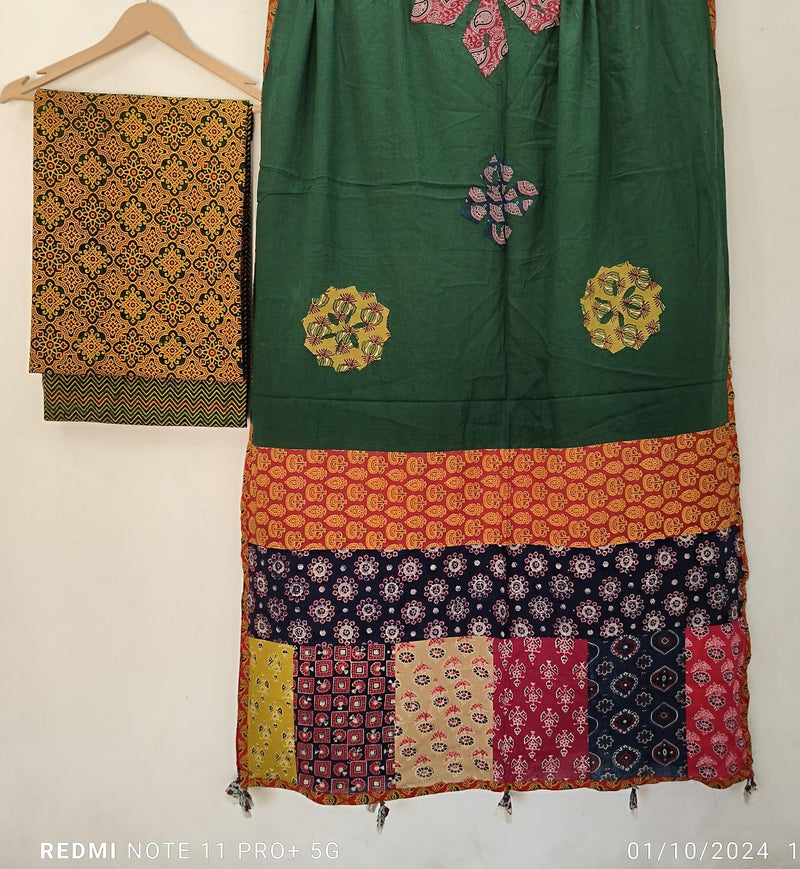 Pure Cotton Azrakh Print Unstitched suit With Patch Work Dupatta.