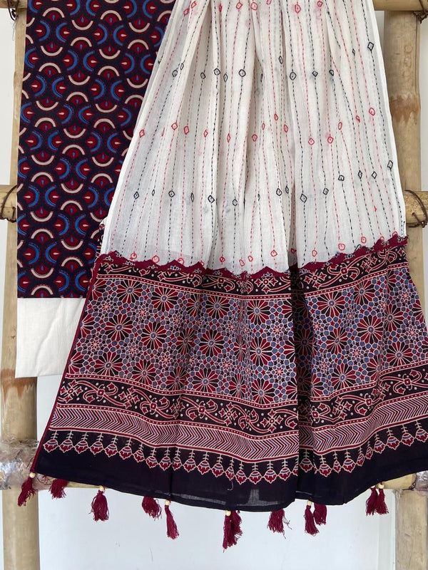 Pure Cotton Azrakh Print Unstitched suit With Hand kantha Work Dupatta .