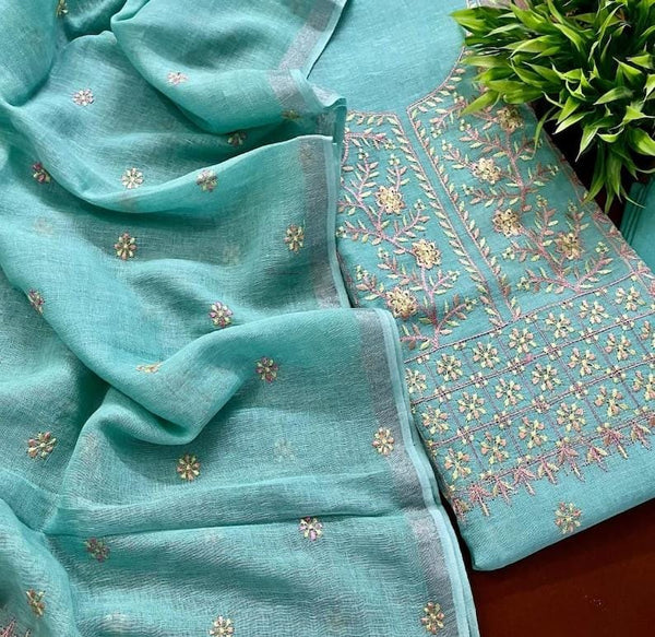 Bhagalpuri Cotton Linen Embroidery Unstitched suit.