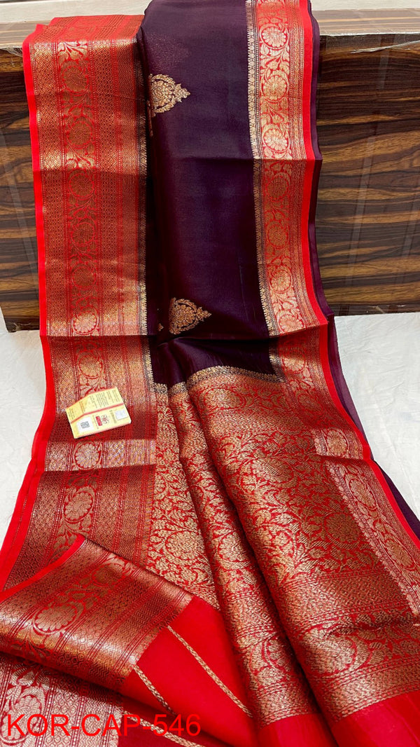 Pure Banarasi Kora Organza Silk Handwoven Zari Work Saree With Silk Mark Certificate ( Length- 6.3 Meter )