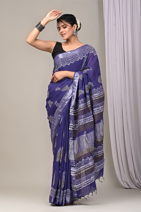 Hand Block Print Linen Saree with Blouse .