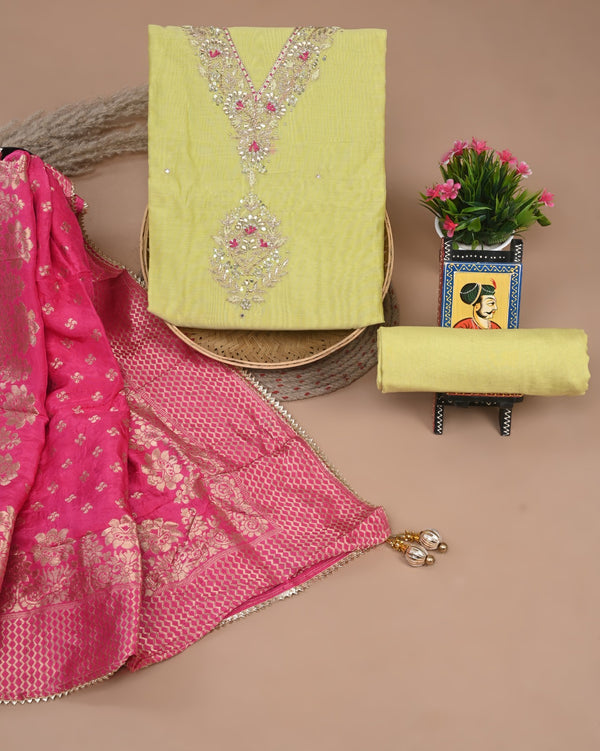 Pure Chanderi Silk Hand Work Unstitched Suit With Dhola Silk Dupatta.