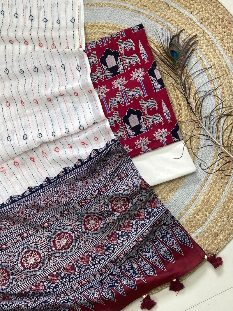 Pure Cotton Azrakh Print Unstitched suit With Hand kantha Work Dupatta .