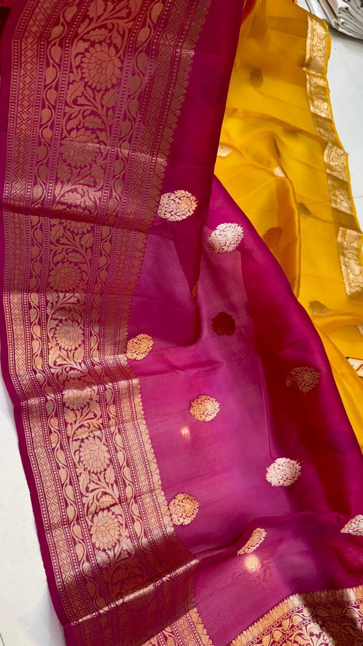 Pure Banarasi Kora Organza Silk Handwoven Zari Work Saree With Silk Mark Certificate ( Length- 6.3 Meter )