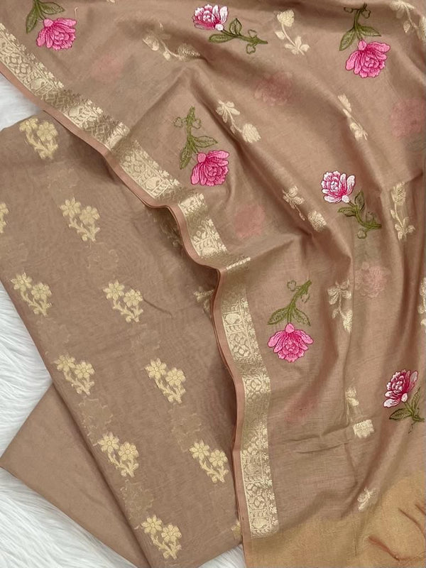 Banarasi Chanderi Silk Zari Weaved Unstitched Suit With Chanderi Silk Embroidery Work Dupatta.