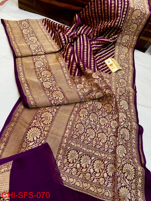 Pure Banarasi Handloom Khaddi Georgette Silk Saree With Beautiful Antique Zari Work