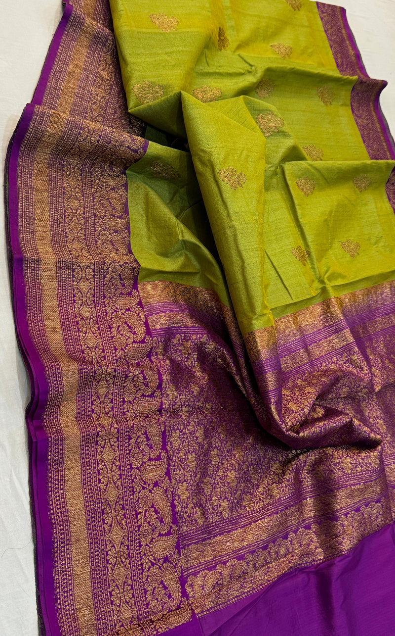 Handwoven Pure Banarasi Tussar Silk Saree With Antique Zari Work.