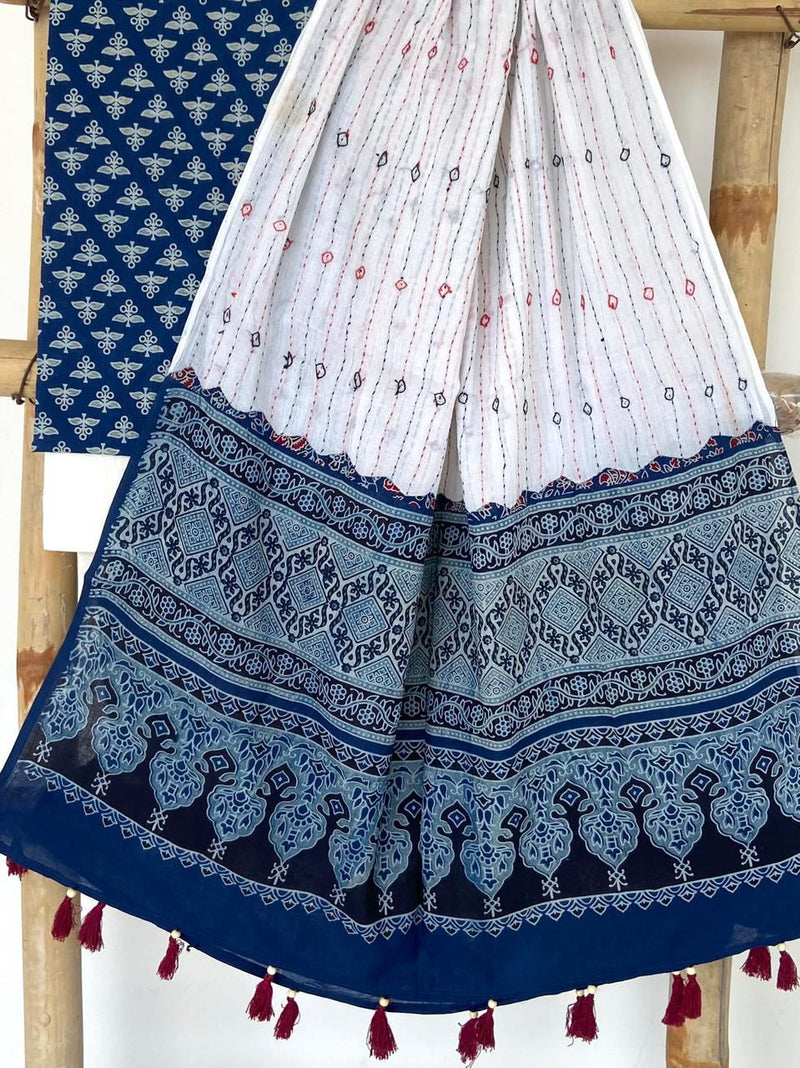 Pure Cotton Azrakh Print Unstitched suit With Hand kantha Work Dupatta .