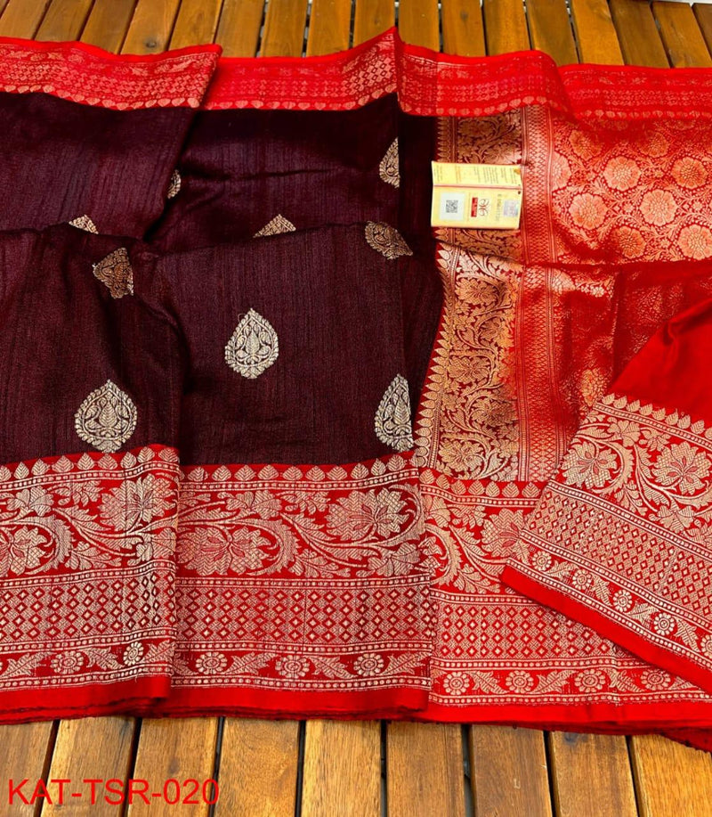 Handwoven Pure Banarasi Tussar Silk Saree With Antique Zari Work.