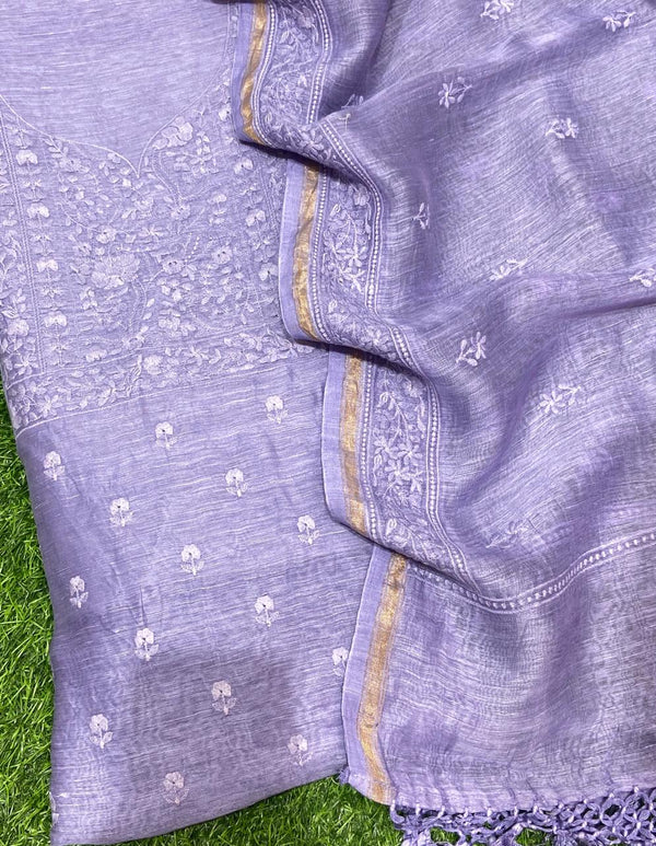 Pure Banarasi Linen Silk Resham Embroidery Unstitched Suit.