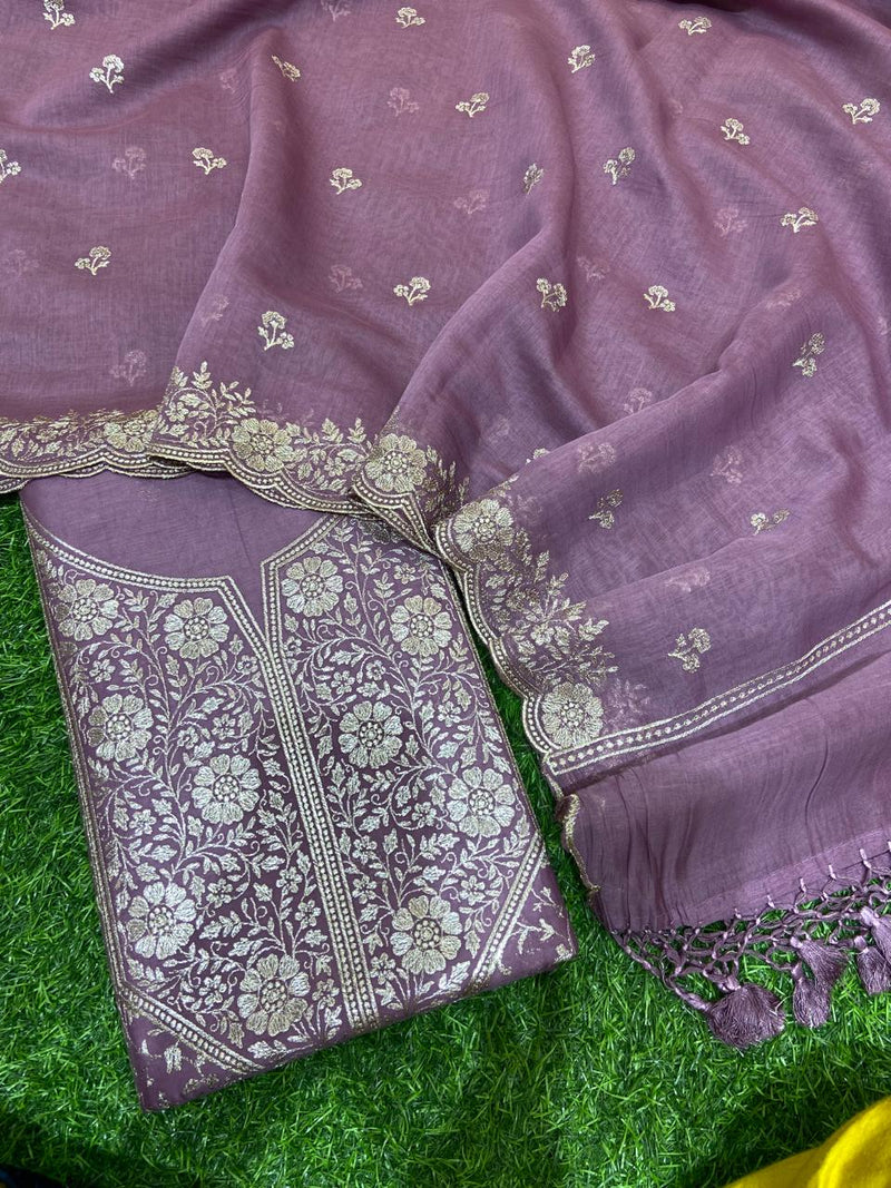 Pure Banarasi Resham Mal Chanderi Silk Zari  Unstitched Suit with Beautiful Neck Embroidery.