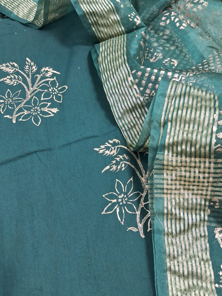 Pure Cotton Hand Block Unstitched Suit With organza Dupatta .