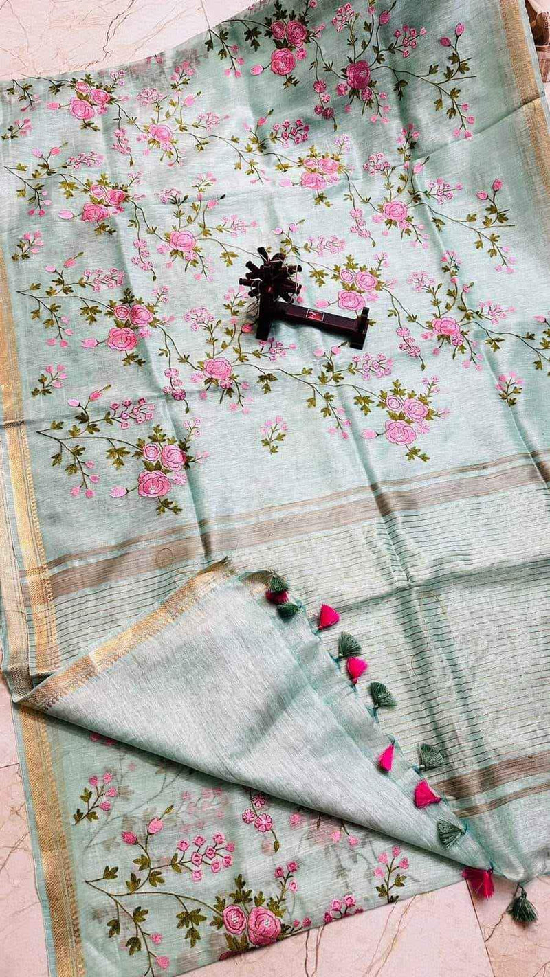 Pure Silk Linen By Linen Saree with Embroidery Work.( length- 6.3 meter )