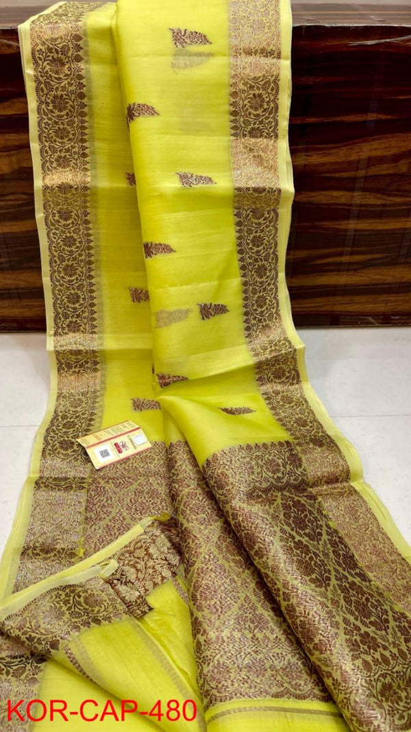 Pure Banarasi Kora Organza Silk Handwoven Zari Work Saree With Silk Mark Certificate ( Length- 6.3 Meter )