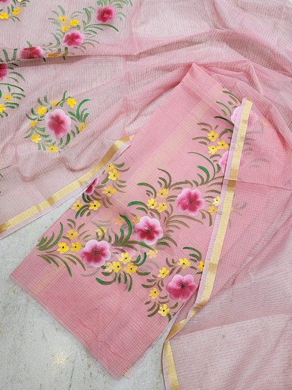 Pure Kota Doria Hand Brush Print Work Unstitched Suit with Dupatta