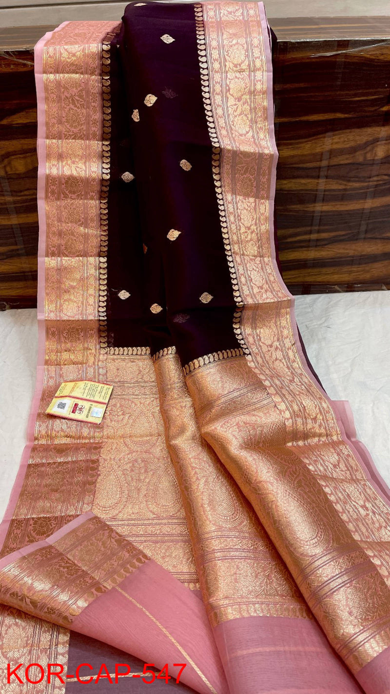 Pure Banarasi Kora Organza Silk Handwoven Zari Work Saree With Silk Mark Certificate ( Length- 6.3 Meter )