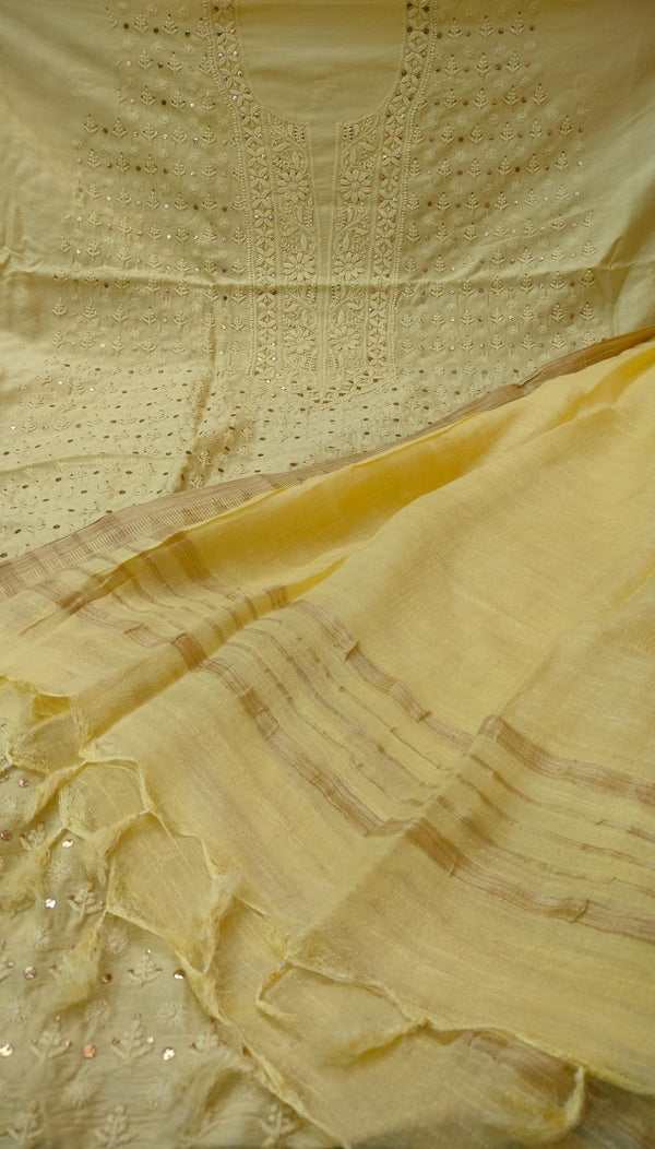 Pure Chanderi Silk 70grm Chikankari And Mukaish Work Unstitched Suit .